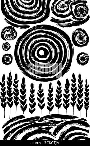 Design grunge abstrait avec des tiges de blé et des motifs circulaires pour des arrière-plans rustiques. Illustration de Vecteur