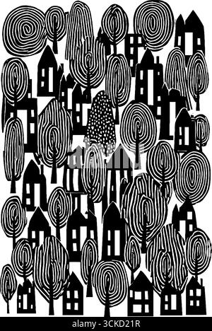 Motif monochrome de maisons simples et d'arbres pour des projets de conception artistique. Illustration de Vecteur