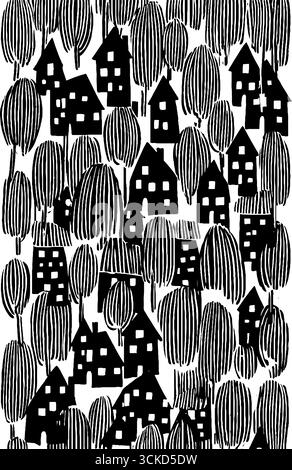 Motif monochrome de maisons simples et d'arbres pour les projets de design urbain. Illustration de Vecteur