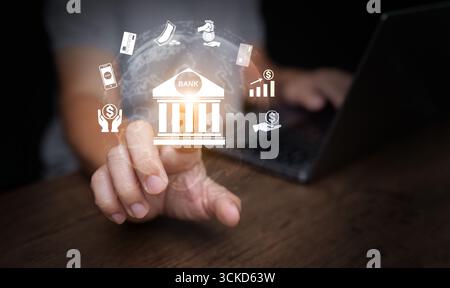 Technologie bancaire numérique avec icône de banque virtuelle, arrière-plan de réseau mondial et icônes financières montrant les services bancaires mobiles, les transactions, l'épargne, la fintech Banque D'Images