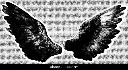 Ailes d'ange demi-teintes avec texture encrée pour la conception d'autocollants et collage multiples Illustration de Vecteur