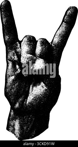 Croquis en demi-teinte de la main montrant un geste de signe de rock pour une conception sur le thème de la musique. Illustration de Vecteur
