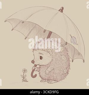 Hérisson mignon avec parapluie et feuilles d'automne. Illustration de Vecteur