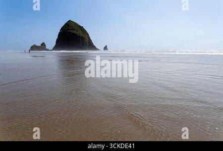 Vue en bas angle de Haystack Rock et Cannon Beach le long de la côte Pacifique de l'Oregon. Banque D'Images