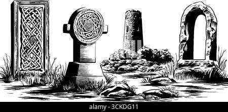 Ensemble de conception de noeuds celtiques avec panneaux gravés et pierres décoratives pour des projets historiques et culturels. Illustration de Vecteur