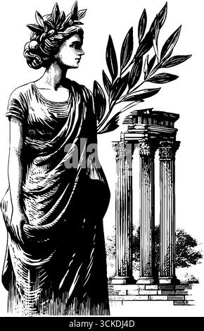 Silhouette élégante de déesse avec des colonnes grecques anciennes dans un style gravé. Illustration de Vecteur