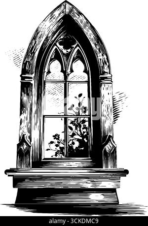 Croquis de vitrail gothique gravé vintage pour un design rétro. Illustration de Vecteur