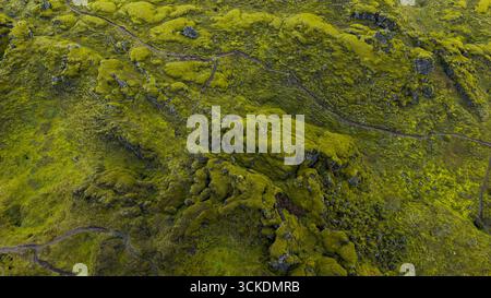La mousse verte luxuriante couvre un terrain volcanique accidenté en Islande, avec des sentiers sinueux et des affleurements rocheux visibles depuis une perspective aérienne. Banque D'Images