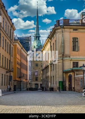 Rue vide dans la vieille ville de Stockholm gamla stan avec pavés, bâtiments historiques colorés Banque D'Images