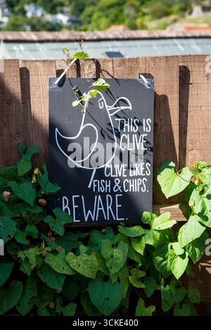 Humourous Pub Sign à Polperro , Cornwall, Royaume-Uni, avertissement d'une mouette nommée Clive qui vole Fish and Chips Banque D'Images