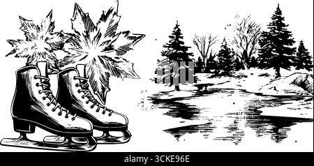 Scène hivernale gravée avec flocon de neige et patins à glace pour une impression saisonnière. Illustration de Vecteur
