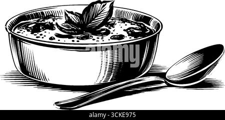 Illustration gravée d'un plat de crème brûlée avec cuillère - art dessert rétro pour la conception culinaire. Illustration de Vecteur