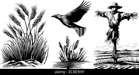 Ensemble d'illustration vintage gravé de vent de vent de vent dans le champ de blé avec épouvantail et silhouette d'oiseau pour la conception. Illustration de Vecteur