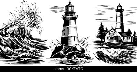 Gravure vintage des vagues de tempête et des phares pour la conception nautique. Illustration de Vecteur