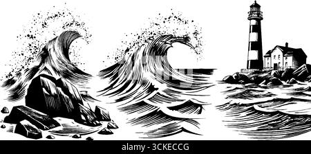 Illustration gravée vintage de vagues de tempête frappant la scène de phare pour des projets de conception. Illustration de Vecteur