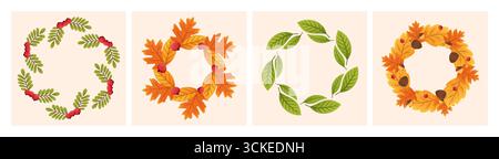 Quatre couronnes de feuilles saisonnières avec des feuilles vertes, des feuilles orange, des baies et des glands. Conceptions Autumnm Illustration de Vecteur