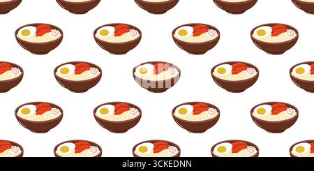 De nombreux bols bruns remplis de ramen, avec des œufs à la coque, des tranches de crevettes et du narutomaki, sont affichés en alternance sur un Illustration de Vecteur