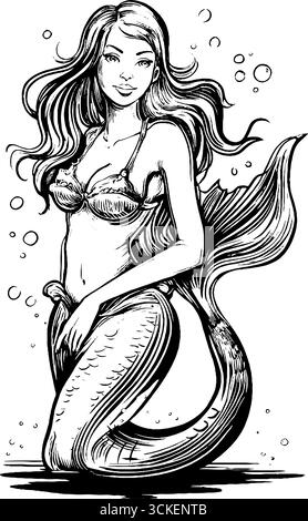 Sirène gravée illustration dans des lignes noires audacieuses pour des projets de design rétro. Illustration de Vecteur