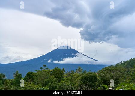 Panorama du Mont Agung et des rizières sur l'île de Bali. Vue sur la montagne sur fond de palmiers et un champ de maïs. Panorama de AG Banque D'Images