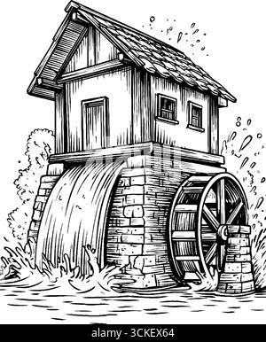 Illustration gravée vintage de la conception de silhouette de moulin à eau pour des projets rétro-thématiques. Illustration de Vecteur