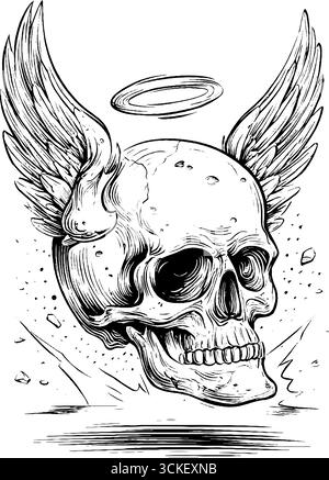 Crâne ailé avec halo : gravure vintage dessinée à la main pour des designs rétro et des affiches. Illustration de Vecteur