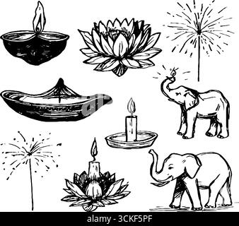 Croquis de célébration de Diwali : diyas, lotus, éléphants et pétillants. Illustration de Vecteur