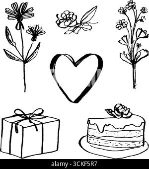 Ensemble de croquis artistiques mettant en vedette la maternité avec fleurs, coeur, cadeau et gâteau en noir et blanc. Illustration de Vecteur