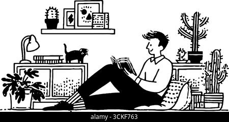 Illustration minimaliste en noir et blanc de la lecture détendue dans un cadre confortable à la maison. Illustration de Vecteur