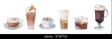 Boissons au café. Menu café barista. Gobelet pour boisson glacée. Verre à latte chaud. Frappe à froid. Espresso ou cappuccino mousse de lait. Aquarelle caféine americano. Arôme arabica. Jeu d'icônes isolées de restaurant vectoriel Illustration de Vecteur