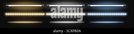 Néon. Bande LED. Tube de ligne blanc. La lampe droite jaune s'allume. Effet cadre doré. Ruban de diodes. Bande fluorescente d'éclairage de casino sur fond transparent. Jeu de projecteurs électriques vectoriels Illustration de Vecteur