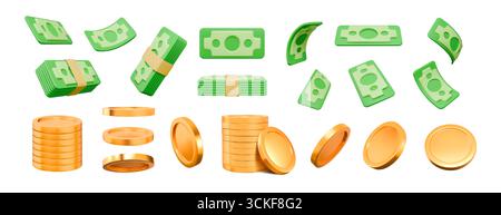 argent 3d, billet de trésorerie ou pile de pièces de monnaie, paquet de monnaie de dollar de papier volant. Signe de banque d'économie, gain de dette de financement. Symbole économique financier. Jeu de jackpot gagner prix, signe bancaire, jeu d'icônes de dessin animé de rendu vectoriel Illustration de Vecteur