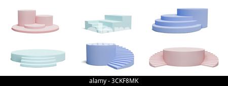 escaliers 3d. Fond de présentation de produit de podium, stand de plate-forme ou escalier, étape vide, cylindre d'exposition d'étape. Présentoir de studio abstrait, piédestal géométrique vitrine. Ensemble isolé minimal de vecteur Illustration de Vecteur