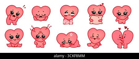 Coeur avec visage. Mignonne expression de l'amour. Passion et amitié emoji. Heureux ou triste compris Support pour bébés. Émotions romantiques de caractère rouge. Confiance et bonheur. Amour câlins. Émoticônes vectorielles de dessin animé Illustration de Vecteur