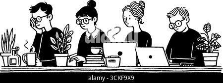 Illustration minimaliste en noir et blanc de l'environnement de travail créatif avec des plantes et des ordinateurs portables. Illustration de Vecteur