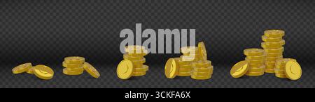 Pièces d'or. pile d'argent 3d, pile de dollar réaliste dans le jeu de casino. Dépôt en espèces, taxe ou crédit prix d'or brillant. Différents trésors. Monnaie métallique jaune, éléments financiers. Ensemble isolé de vecteur Illustration de Vecteur