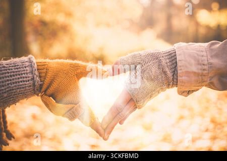 homme et femme formant un cœur avec leurs mains dans la lumière dorée de l'automne Banque D'Images
