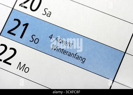 Calendrier annuel 2025, 21 décembre, 4e dimanche de l'Avent et début de l'hiver, Allemagne Banque D'Images