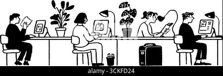 Illustration minimaliste en noir et blanc de personnes travaillant dans un espace de travail créatif. Illustration de Vecteur