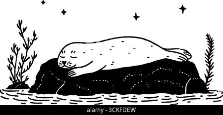 Illustration minimaliste de phoque noir et blanc dans un environnement marin tranquille. Illustration de Vecteur