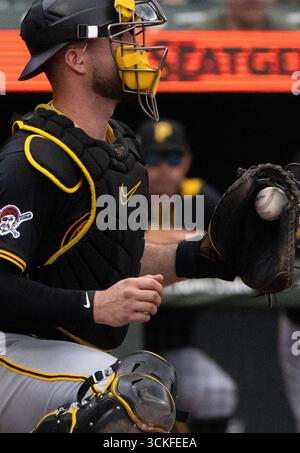 Baltimore, États-Unis. 11 septembre 2025. BALTIMORE, Maryland - 11 SEPTEMBRE : Joey Bart (14 ans), attrapeur des Pirates de Pittsburgh, lors d'un match MLB entre les Orioles de Baltimore et les Pirates de Pittsburgh, le 11 septembre 2025, à Oriole Park à Camden Yards, à Baltimore, dans le Maryland. (Photo de Tony Quinn/SipaUSA) crédit : Sipa USA/Alamy Live News Banque D'Images