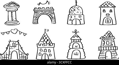 Griffonnages architecturaux dessinés à la main avec des colonnes, des arches et des bâtiments pour des projets de conception. Illustration de Vecteur