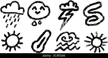 Symboles météo doodle ensemble avec nuages, pluie et illustrations de soleil pour une utilisation de design. Illustration de Vecteur