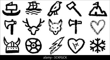 Ensemble de doodle d'icône nordique avec longship, casque et symboles viking. Illustration de Vecteur
