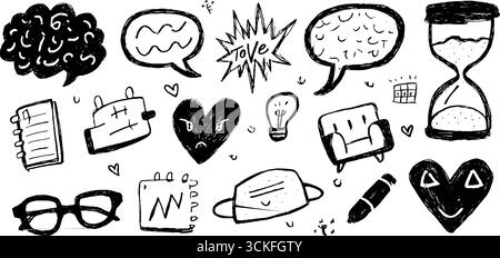 Ensemble créatif de doodle d'icônes de psychologie, y compris le cerveau et les bulles de parole. Illustration de Vecteur