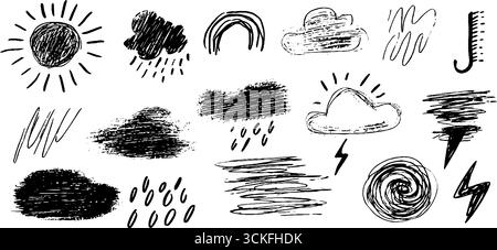 Ensemble de doodle météo fantaisiste avec soleil, nuages et éléments de pluie. Illustration de Vecteur