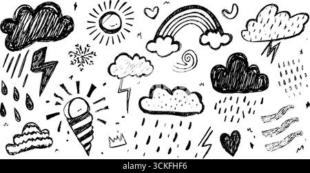 Ensemble de symboles météo dessinés à la main avec nuages orageux, pluie et illustrations de soleil pour le design. Illustration de Vecteur