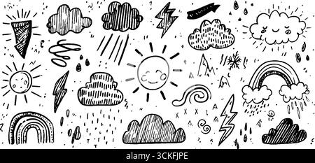 Jeu de doodle météo fantaisiste : nuages, soleil, foudre et illustrations arc-en-ciel. Illustration de Vecteur