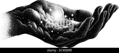 Main cosmique surréaliste tenant des étoiles - art de pointillés pour impression ou tatouage. Illustration de Vecteur