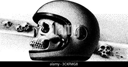 Surréaliste stipple art de casque d'astronaute avec crâne et éléments cosmiques. Illustration de Vecteur