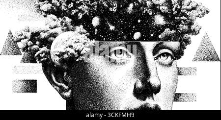 Illustration surréaliste en pointillés d'une tête conceptuelle avec des éléments cosmiques pour un design créatif. Illustration de Vecteur